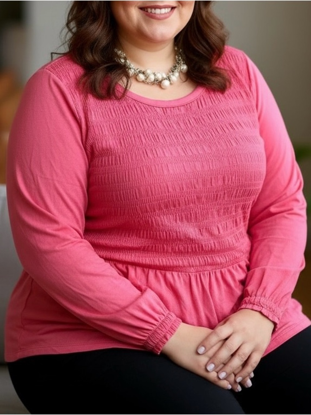 Lane Bryant Pink Long Sleeve Smocked Peplum Top